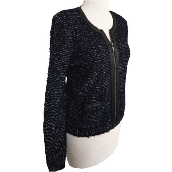 JOIE Jacolyn B Tweed Jacket Blue Full Zip Leather Trim S NWT Dark Academia - Picture 4 of 6